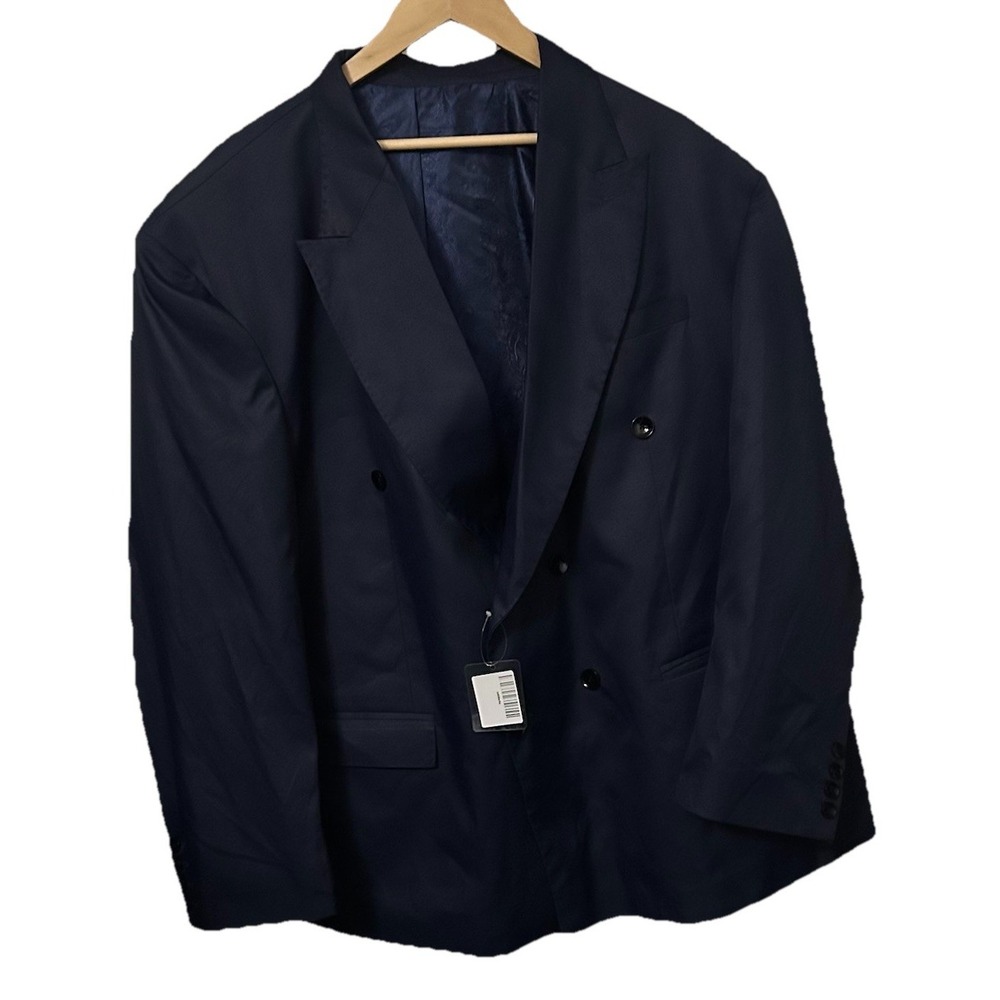 NEW French Crown Men's 58 Blue Solid Wool Rich Double Breasted Suit Jacket SJ005
